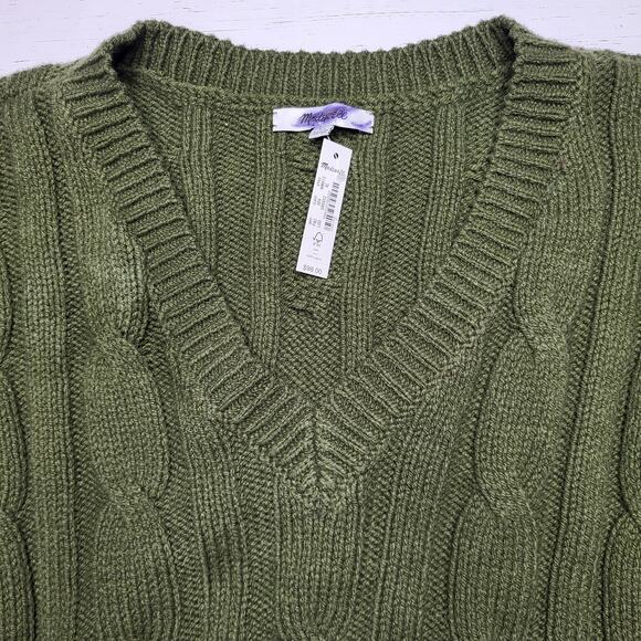 Madewell Cable Knit V Neck Crop Sweater Olive Green Loden Holiday Cabincore XL - Picture 4 of 7